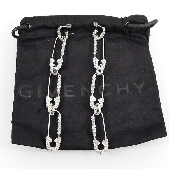 New$1190 GIVENCHY Silver G Clip Safety Pin Crystals Embellished Links Earrings - Picture 9 of 12